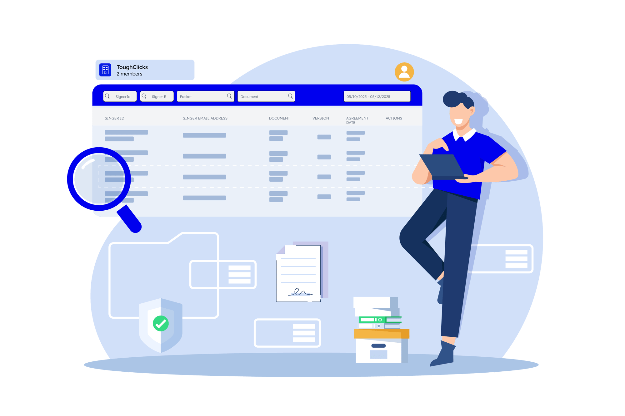 Hero Image - Blue ToughClicks Illustration with Person on Laptop